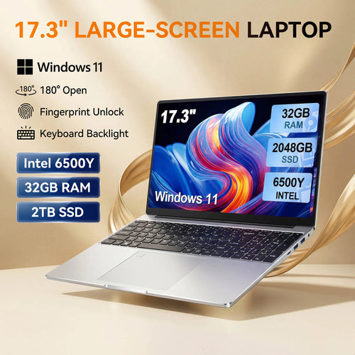 Sleek silver 17.3-inch laptop with Windows 11, 32GB RAM, fingerprint unlock, and backlit keyboard on a gold background.