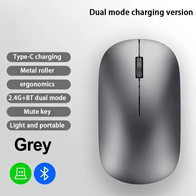 Sleek grey ergonomic wireless mouse with silent buttons, metal scroll wheel, Type-C charging, and dual-mode connectivity.