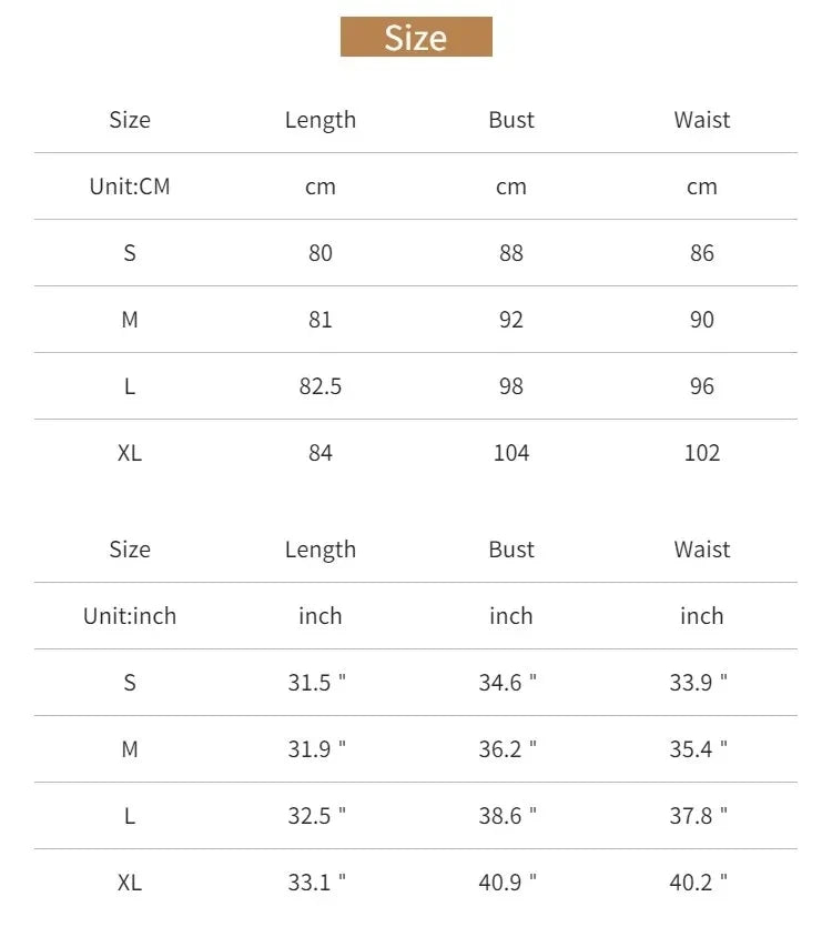 Size guide chart showing length, bust, and waist measurements for sizes S to XL in both centimetres and inches.