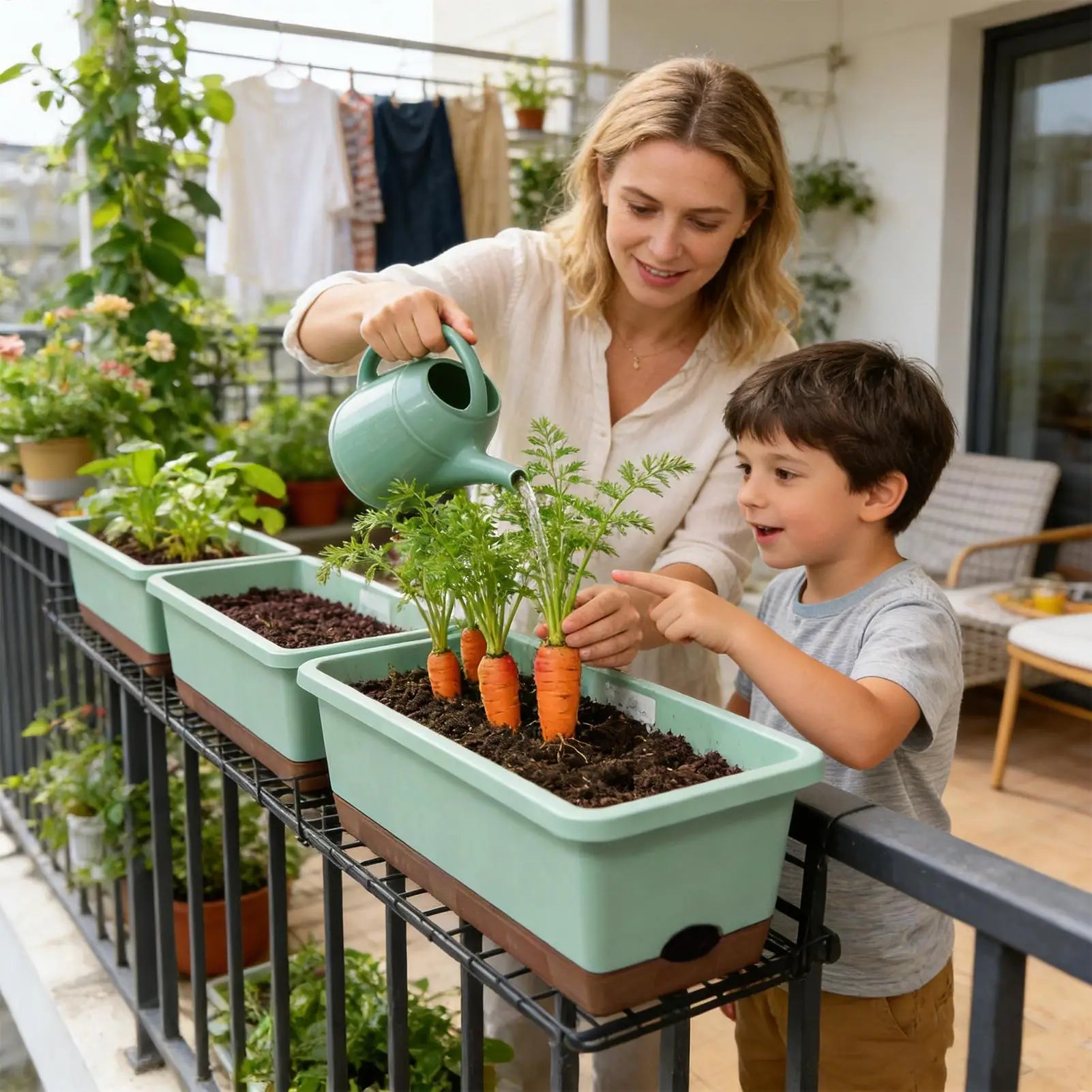 Woman and child watering a row of sage-green, self-watering rectangular planters growing carrots on a sunny balcony.
