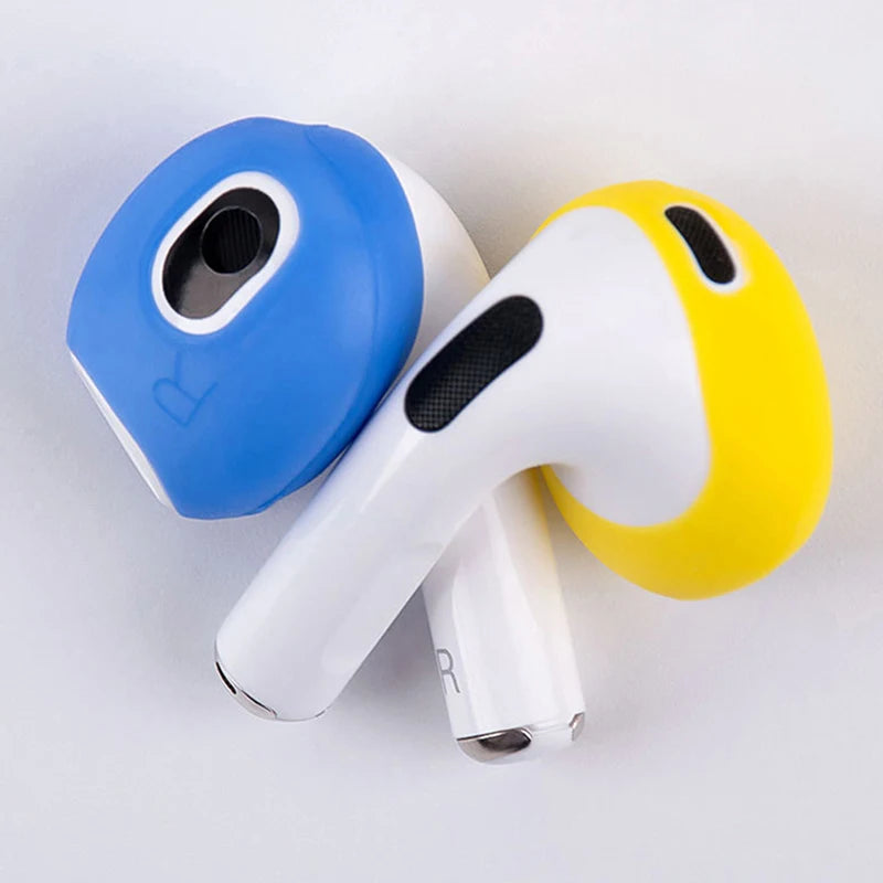 Blue and yellow silicone covers for Apple AirPods Pro, providing a snug fit for the earbud heads.