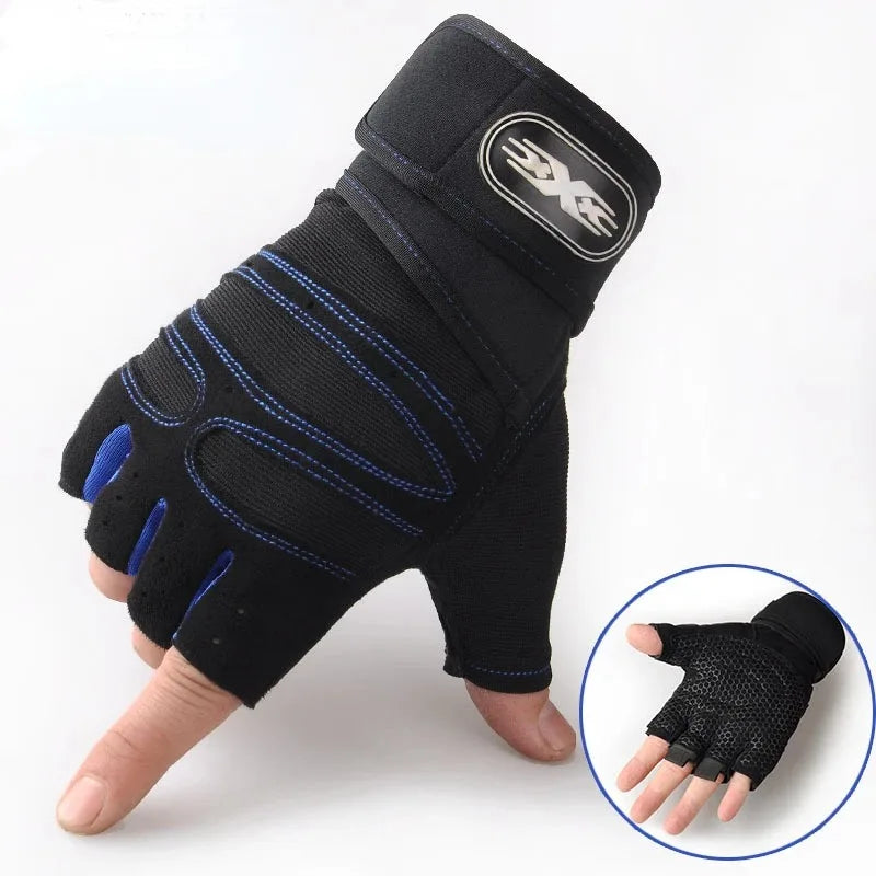 Black fingerless gym gloves with blue stitching, wrist wrap, and textured palm grip.