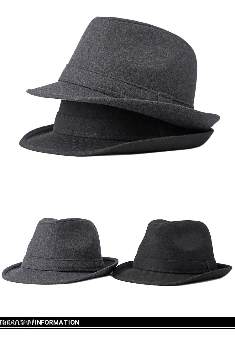 Dark grey and black felt fedora hats with a classic jazz-style silhouette and a narrow brim.
