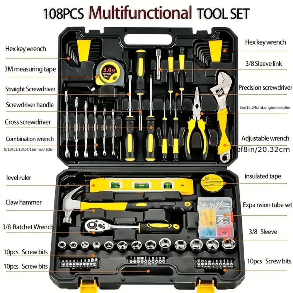 108-piece black and yellow tool set in molded case with wrenches, hammers, screwdrivers, and sockets.