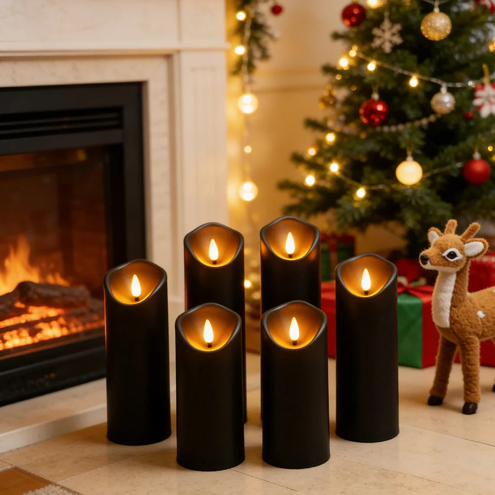 Five black, cylindrical flameless LED candles with glowing, realistic flickering flames, arranged near a fireplace.