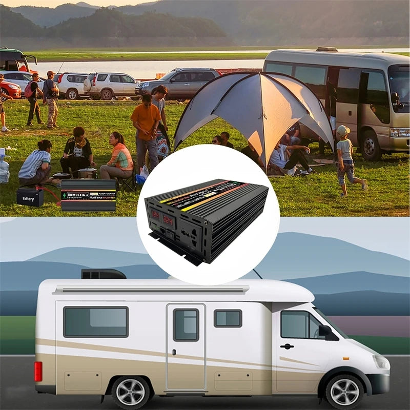 Black 12000W pure sine wave power inverter with LED display, power sockets, and rugged cooling fin design.