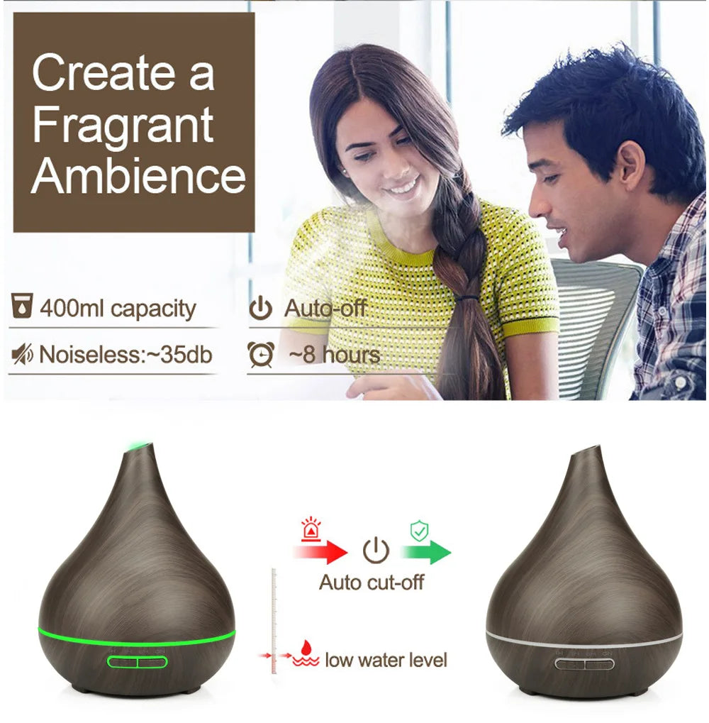 Dark wood-effect teardrop essential oil diffuser with smart WiFi, 400ml capacity, auto-off, and quiet operation.