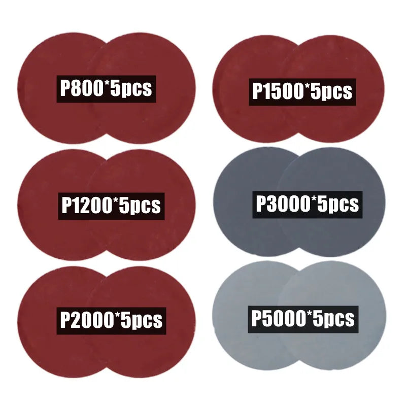Six sets of round 3-inch sanding discs in red and grey, with grit labels P800 to P5000.