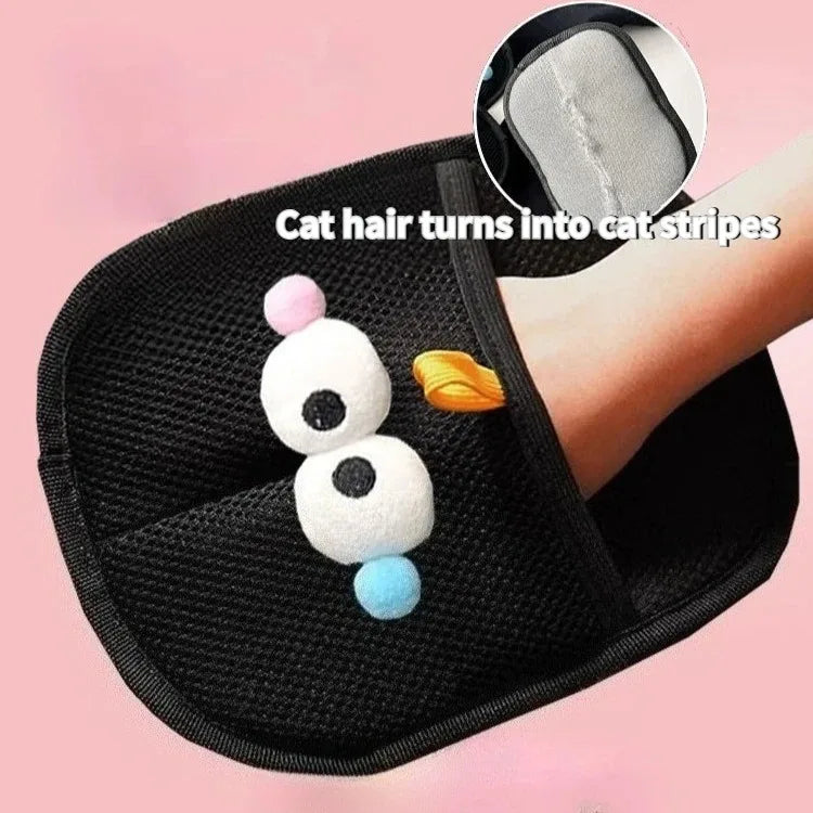 Black mesh pet hair removal mitt with a decorative snowman-like plush toy on top and a grey cleaning pad insert.