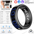 Sleek black smart fitness ring with a blue digital LED display for tracking steps, heart rate, sleep and activity.