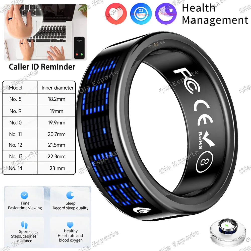 Sleek black smart fitness ring with a blue digital LED display for tracking steps, heart rate, sleep and activity.