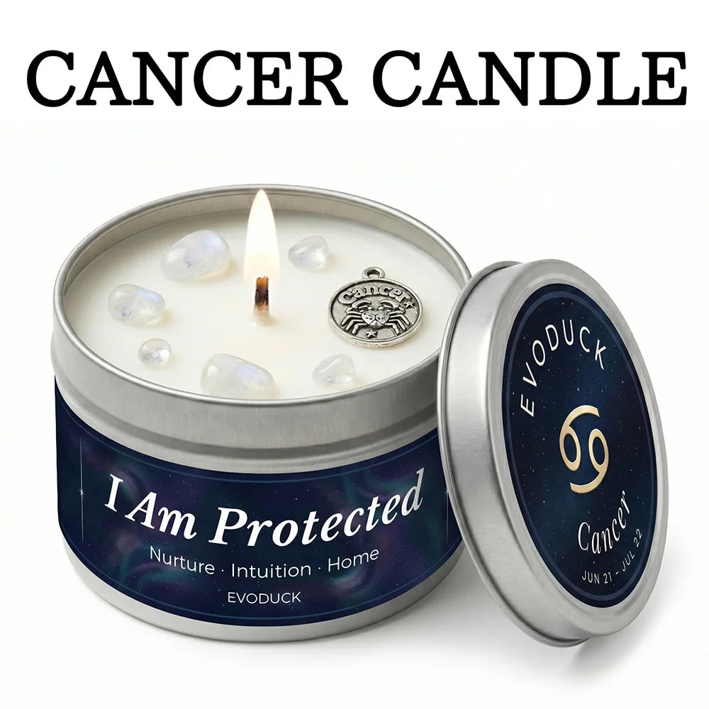 Cancer zodiac scented candle in a silver tin, featuring crystals, a crab charm, and deep blue galaxy-themed labelling.