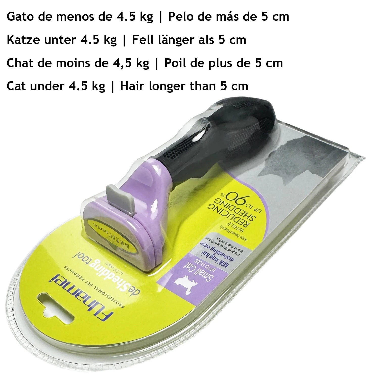 Funamei de-shedding tool for small, long-haired cats in packaging with a lilac head and black ergonomic handle.