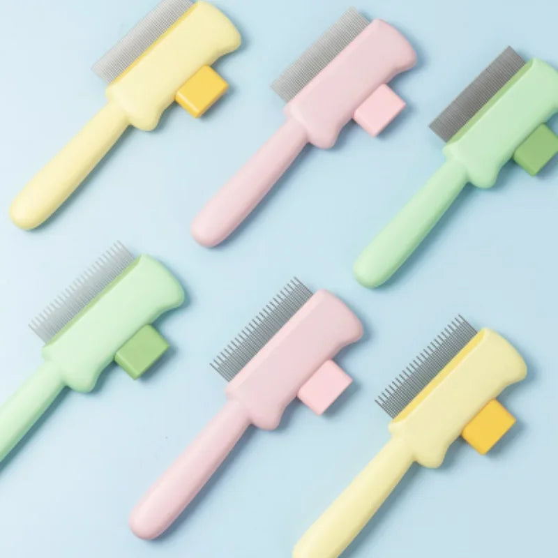 Six pastel-coloured pet grooming combs with metal tines arranged on a light blue background.