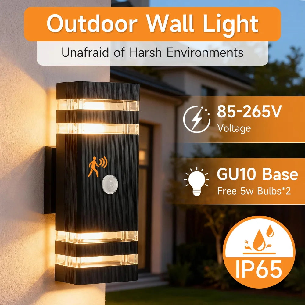 Modern black rectangular outdoor wall light with motion sensor and warm dual-beam lighting, IP65 rated for durability.