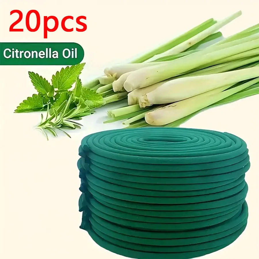 Pack of 20 green citronella mosquito repellent coils with lemongrass and herbs.