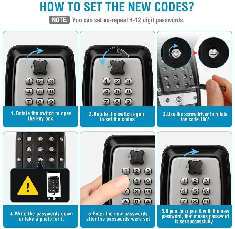 Black and grey metal key lock box with a number keypad, showing instructions on how to set a combination code.