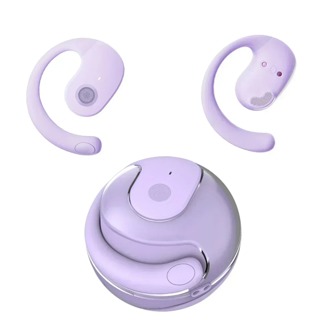 Light purple wireless ear hooks with a matching round charging case. Compact, modern design with an open-ear style.