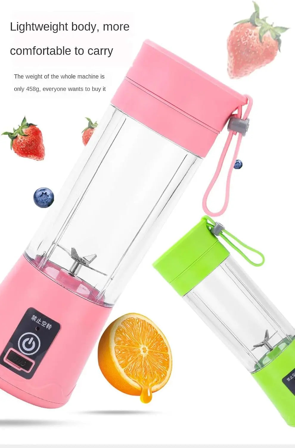 Portable personal blenders in pink and green with clear bottles, carrying straps, and fruit decorations.