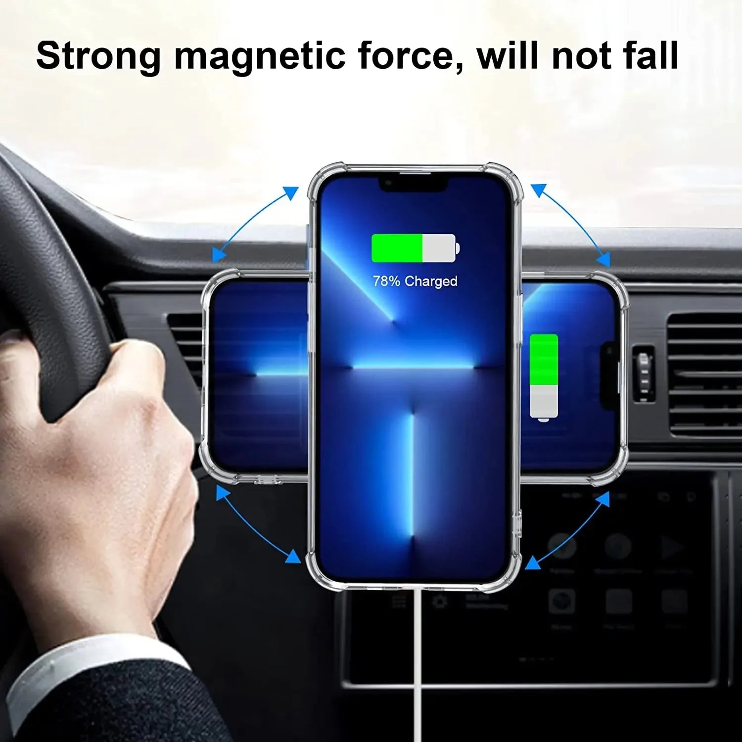 Clear magnetic phone car mount holding a charging smartphone, with blue arrows indicating multi-angle rotation.