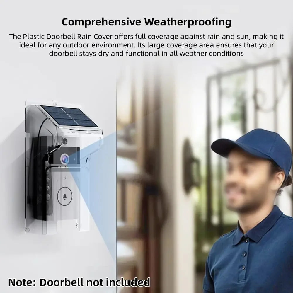 Clear plastic, weatherproof doorbell rain cover with an integrated solar panel mounted on a white wall.