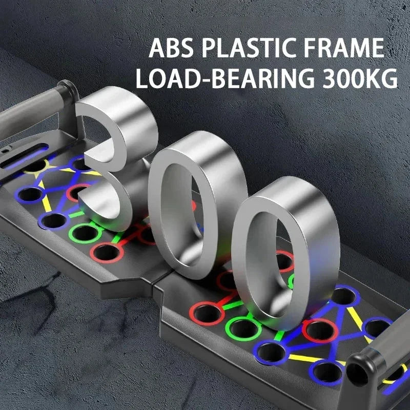 Black multi-function push-up board with colourful exercise muscle group markings and removable ergonomic handles.
