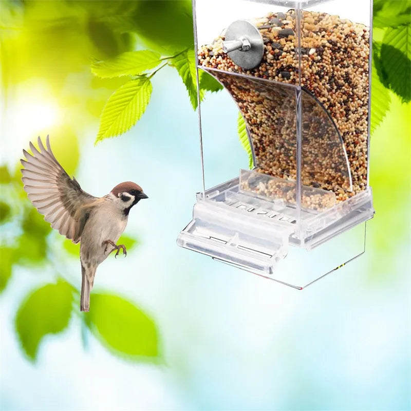 Clear plastic bird feeder filled with seeds, featuring a modern gravity-fed design, shown with a bird in flight.