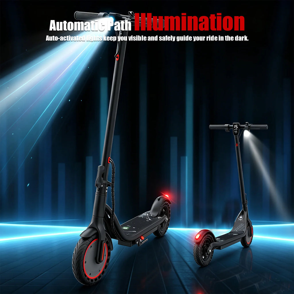 Black ATSANT S50 Ultra electric commuter scooter with bright front LED headlight and red accents.