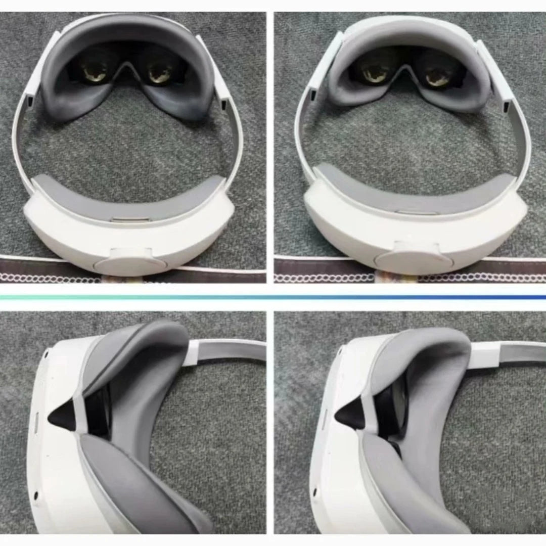 White VR headset with grey magnetic foam face cushion replacement, shown from multiple angles.