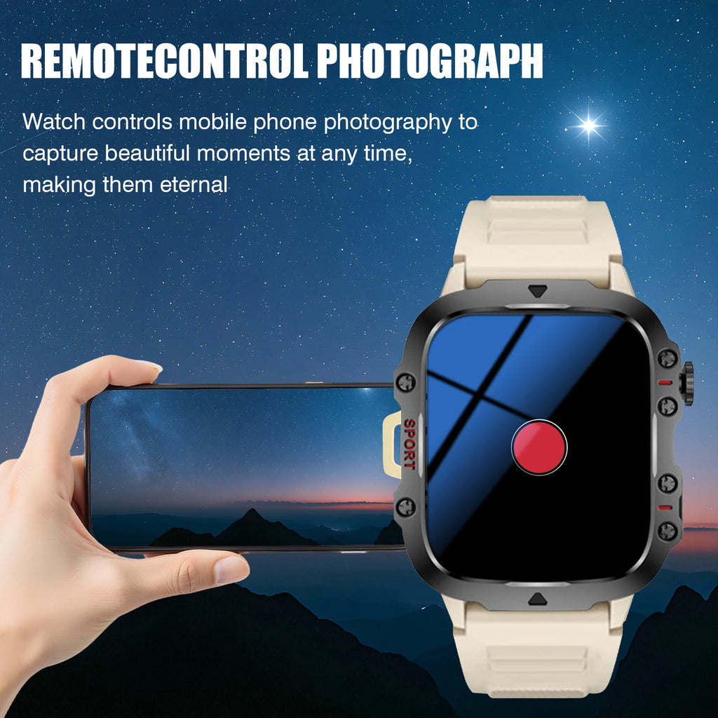 Beige sports smartwatch with a rugged black bezel, featuring a remote camera control function.