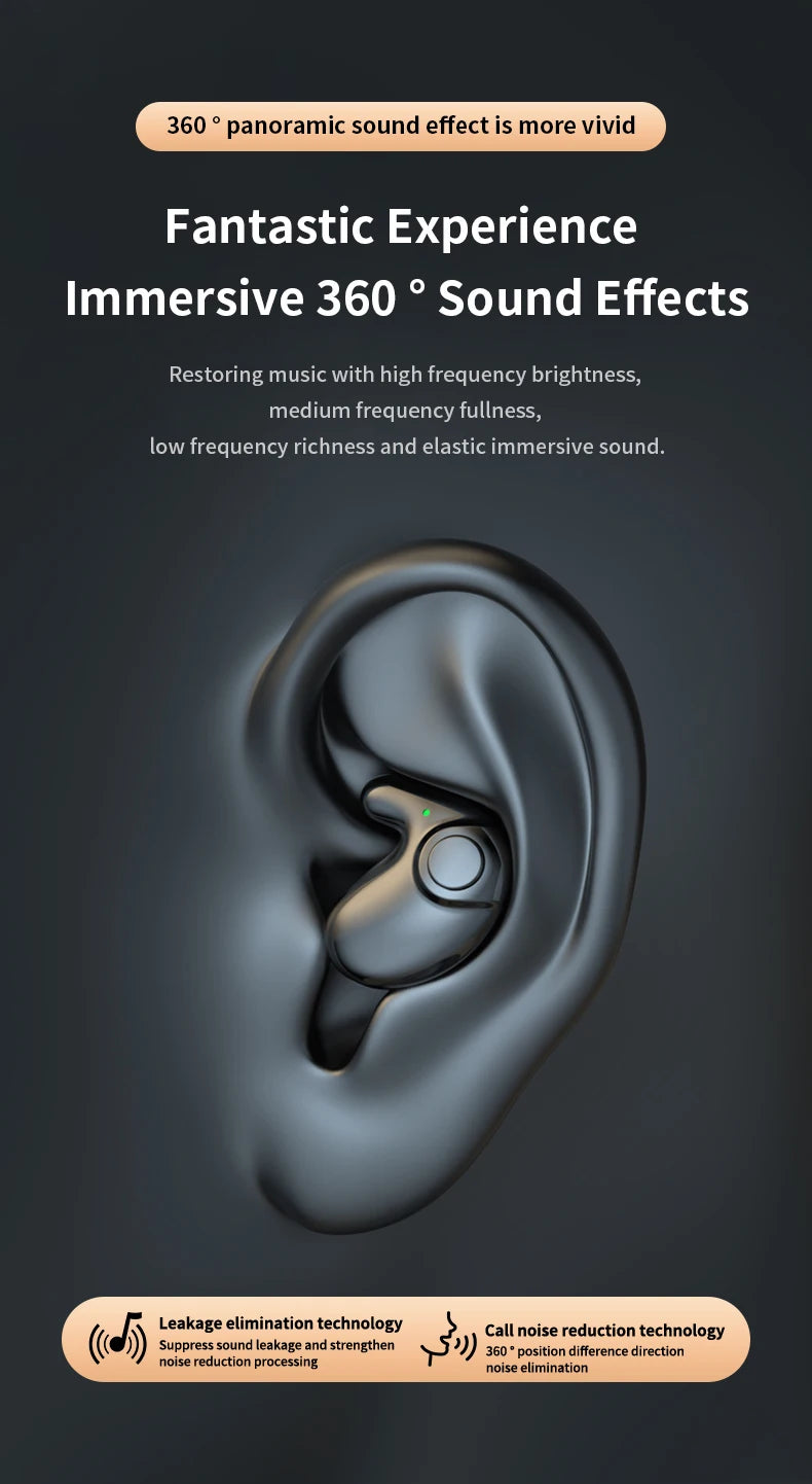 A matte black, ergonomic wireless earbud shown inserted in an ear, highlighting 360-degree immersive sound features.
