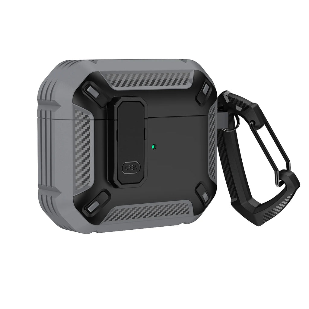 Rugged black and grey carbon fibre-style AirPods case with locking latch and carabiner clip.