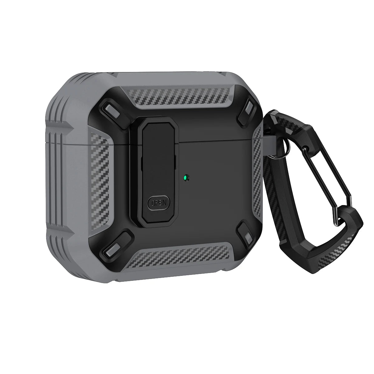 Rugged black and grey carbon fibre-style AirPods case with locking latch and carabiner clip.