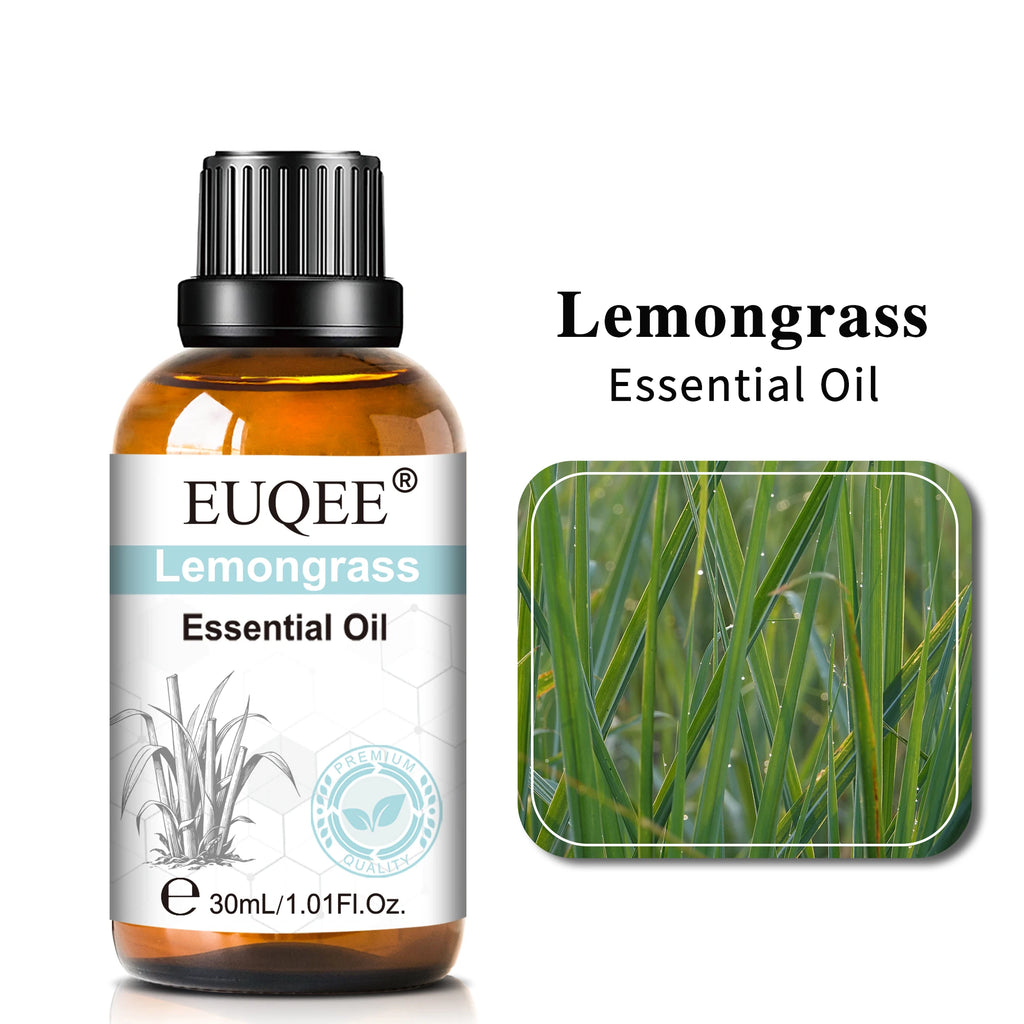 30ml amber glass bottle of lemongrass essential oil with a black dropper cap, featuring a green leaf illustration.