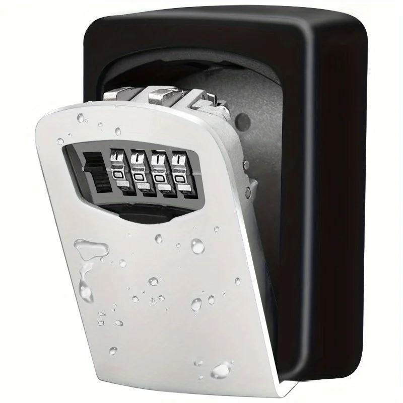 Black and silver metal wall-mounted key lock box with a four-digit combination dial.