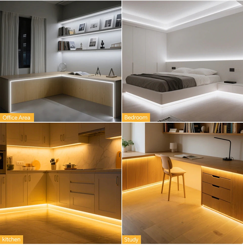 Four images showing flexible LED neon strip lighting installed in a desk, bedroom, kitchen, and study for smart lighting.