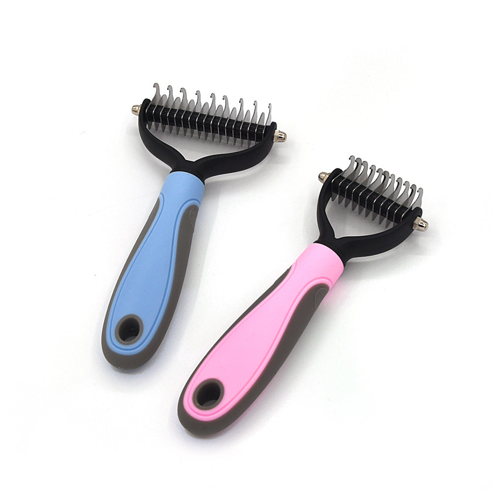 Two pet grooming de-shedding rakes with blue and pink non-slip handles and serrated metal blades.