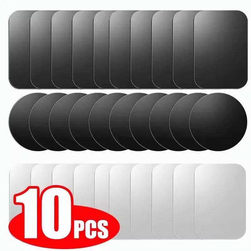 Set of 10 rectangular and circular black adhesive metal plates for magnetic phone mounts, shown with white backings.