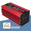 Red pure sine wave power inverter with a digital display, two plug sockets, power switch, and included cable set.