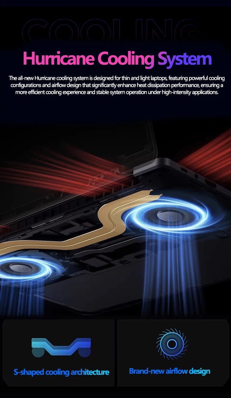 Laptop interior showcasing a dual-fan cooling system with S-shaped heat pipes, glowing blue fans, and red airflow.
