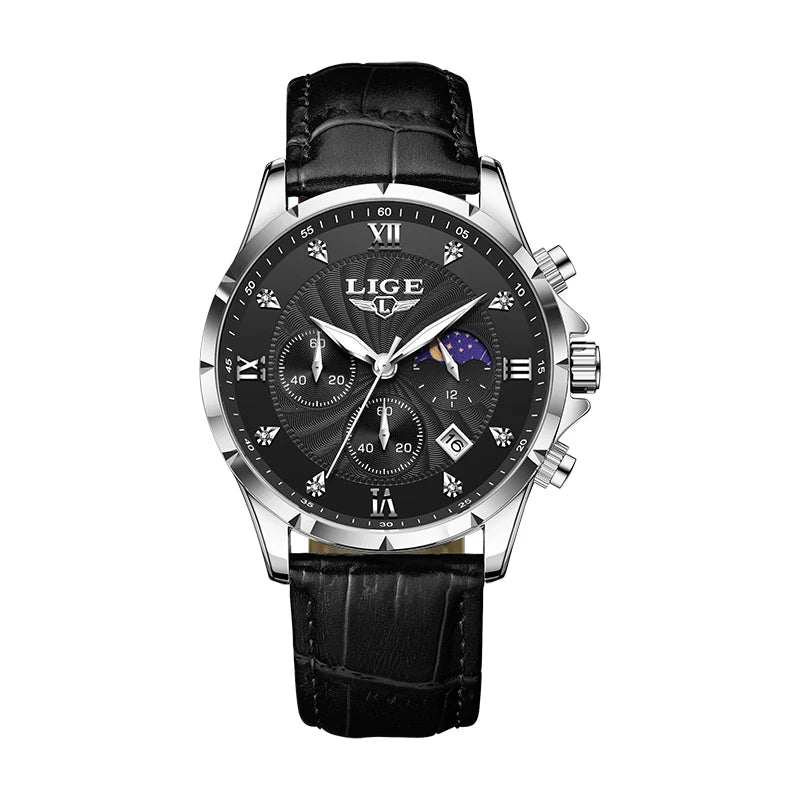 Men's chronograph watch with a black textured dial, silver casing, diamond-style markers and a black leather strap.