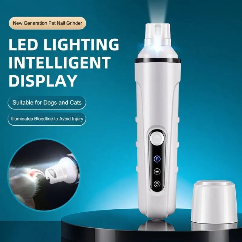 White electric pet nail grinder with LED light, digital display, and a detachable cap, shown against a blue background.
