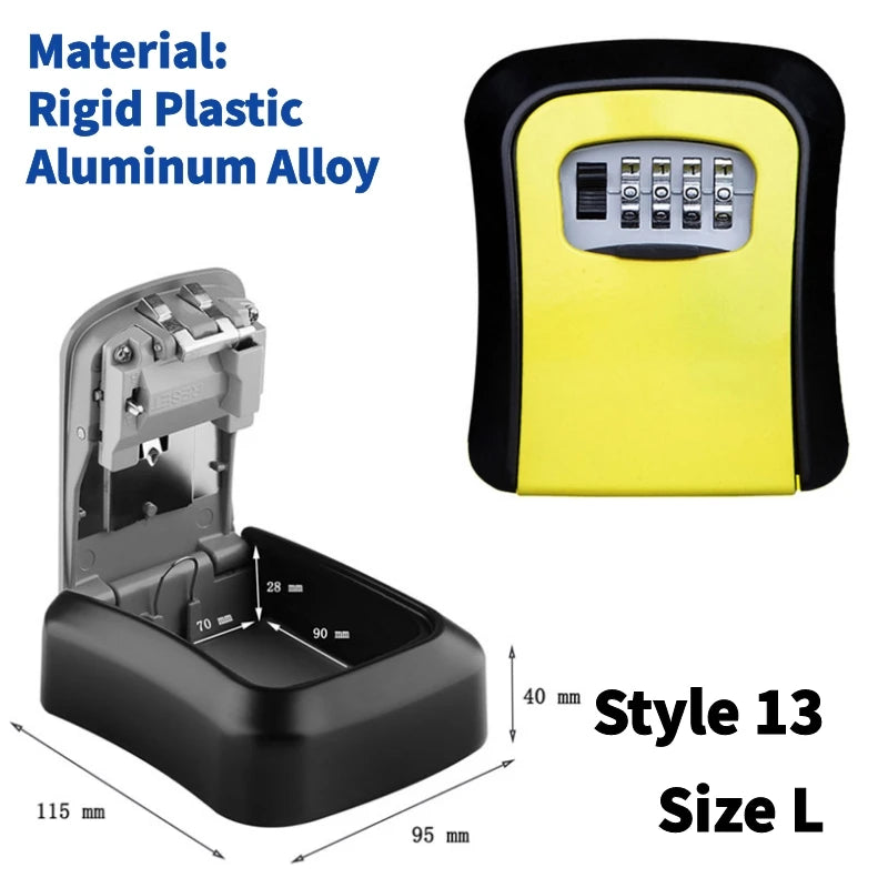 A black and yellow wall-mounted key lock box featuring a 4-digit combination dial and durable metal and plastic build.