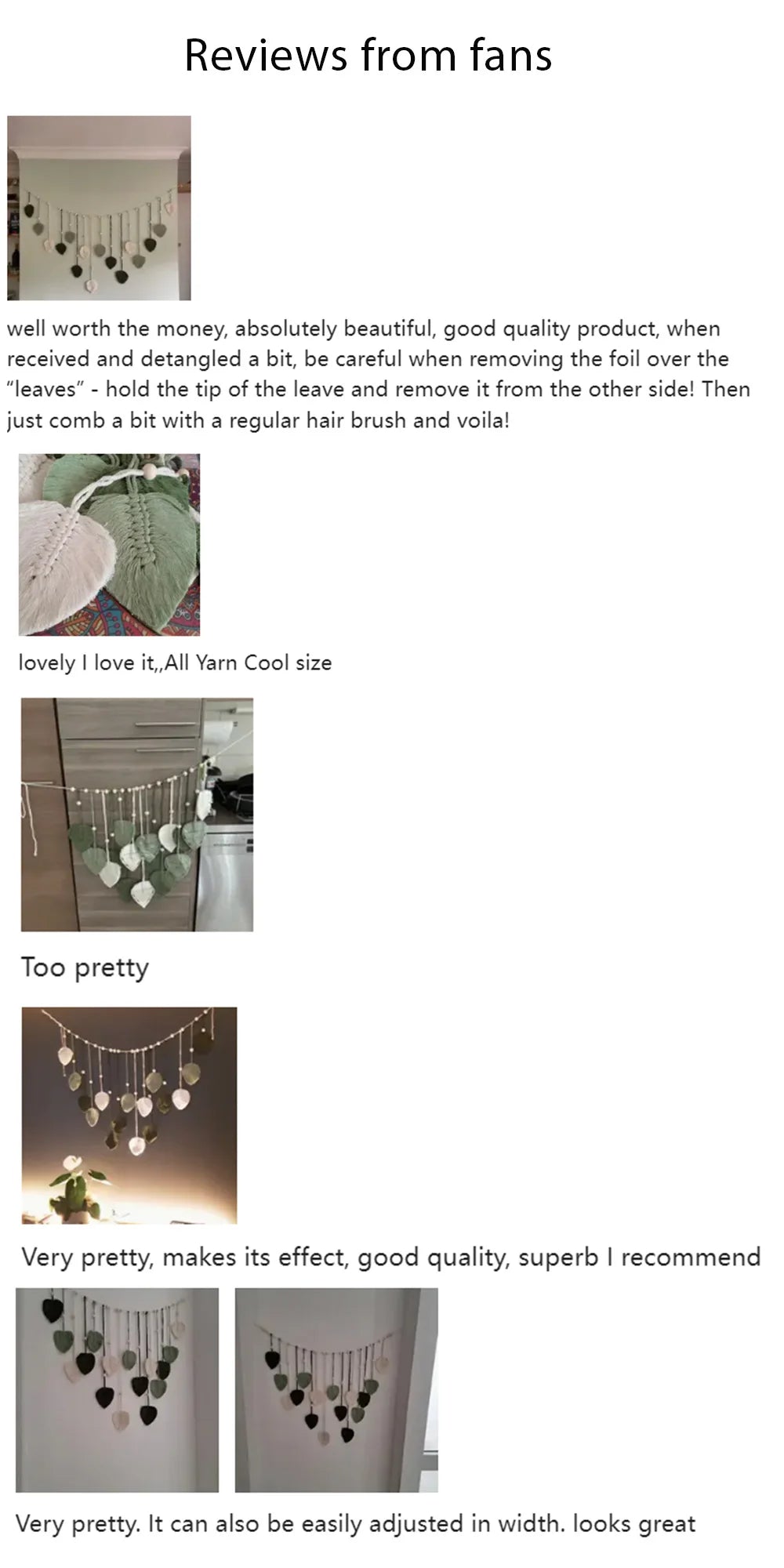 Boho-style macrame wall hanging featuring sage green and cream leaf-shaped pendants strung with wooden beads.