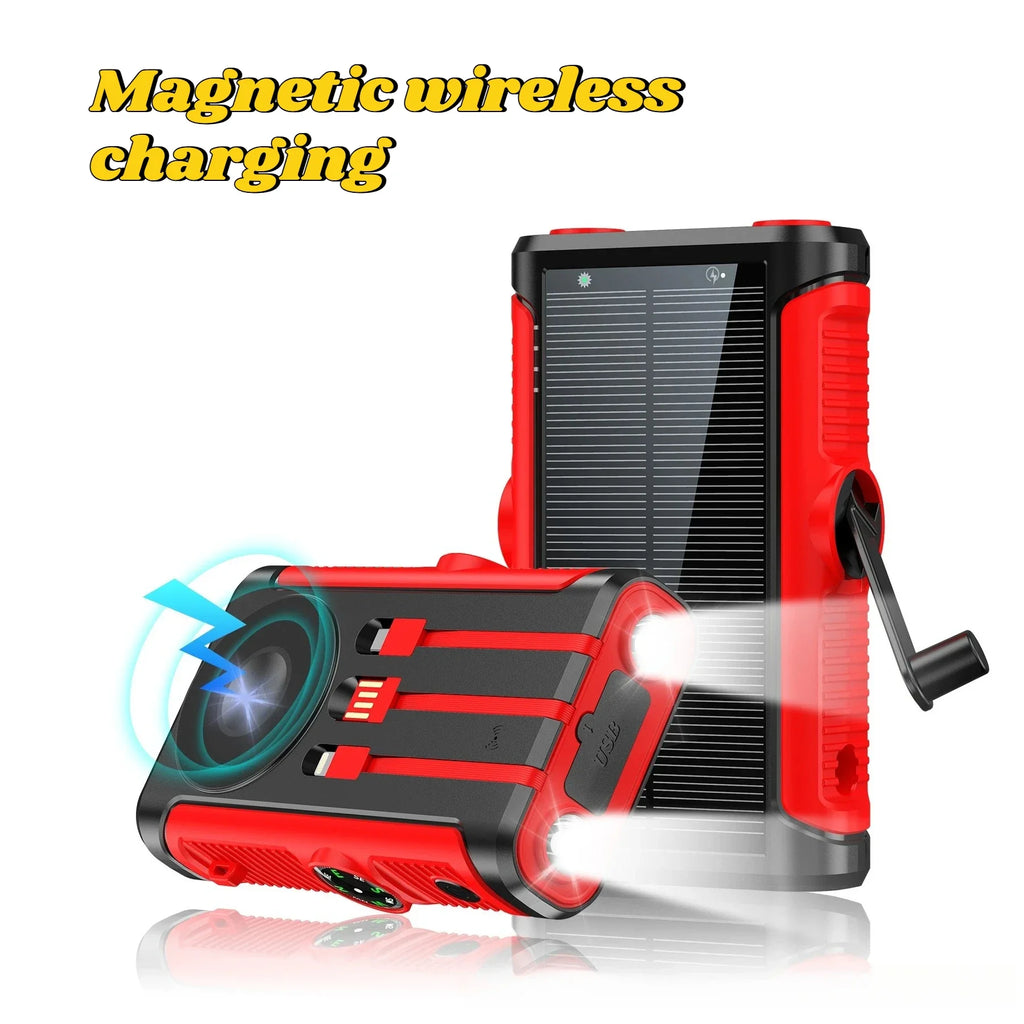 Rugged red and black 20,000mAh solar power bank with magnetic wireless charging, built-in cables, hand crank, and torch.