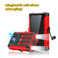 Rugged red and black 20,000mAh solar power bank with magnetic wireless charging, built-in cables, hand crank, and torch.