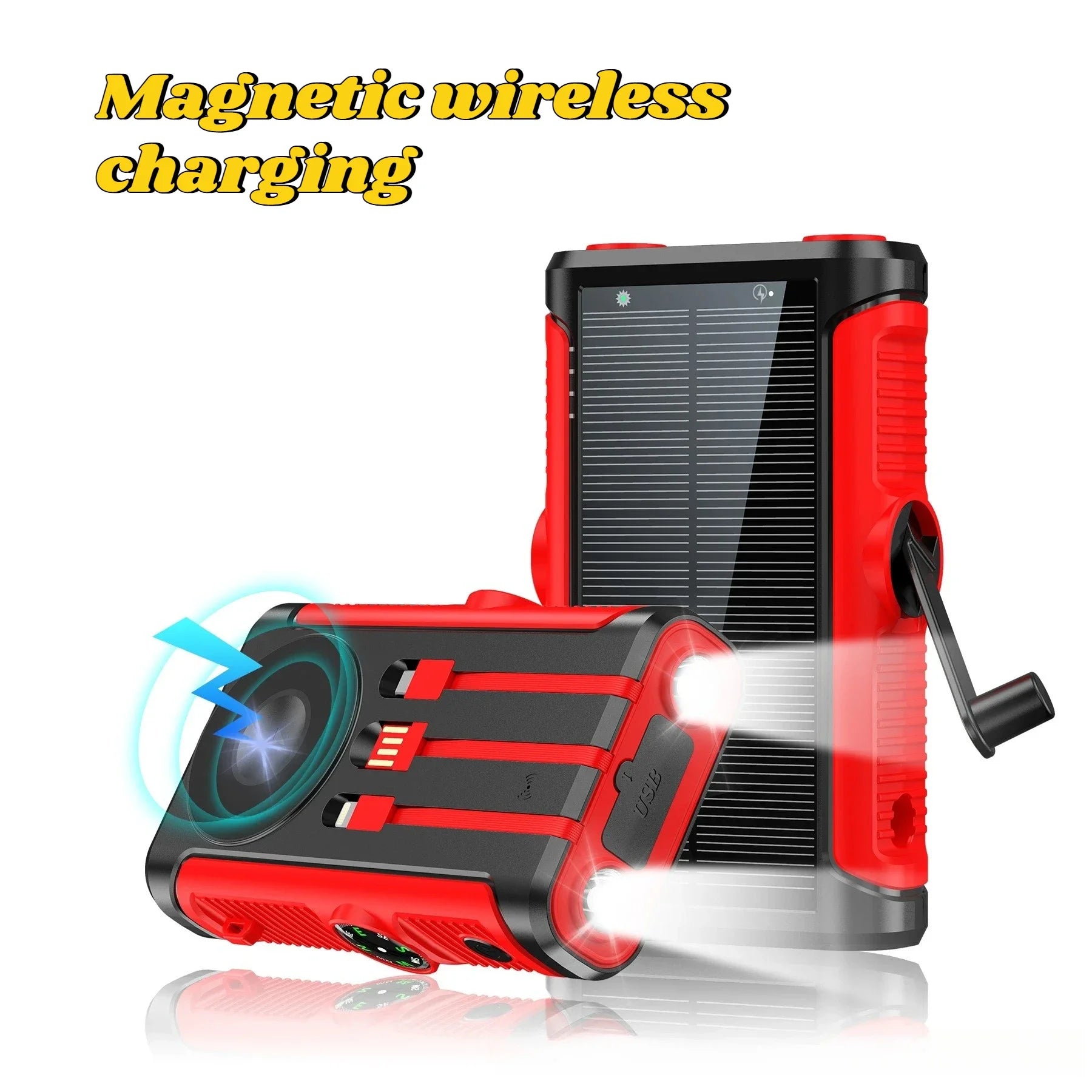 Rugged red and black 20,000mAh solar power bank with magnetic wireless charging, built-in cables, hand crank, and torch.