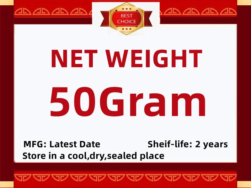 Product information sign with red text on white, stating 50g net weight, 2-year shelf life, and storage instructions.