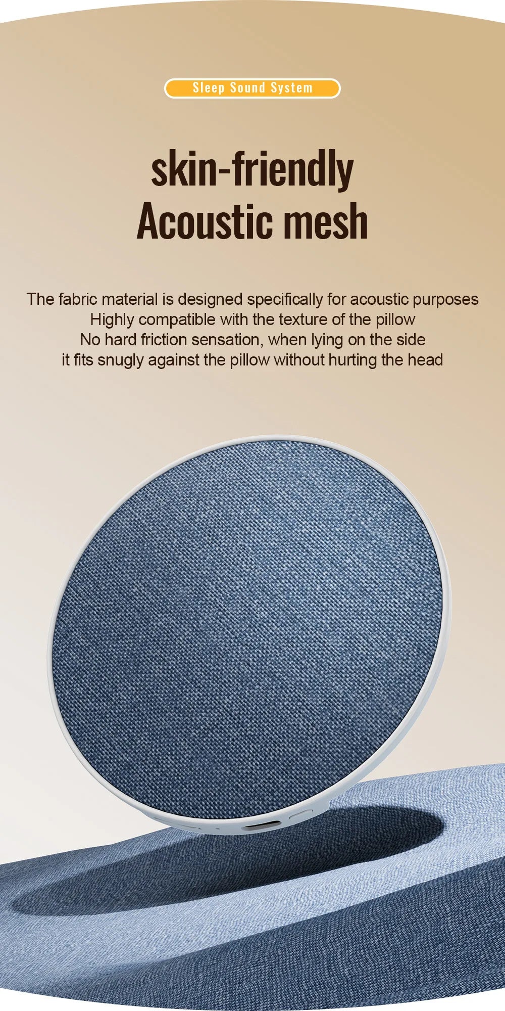 A round, blue fabric wireless pillow speaker with a soft, acoustic mesh finish designed for comfortable sleep.