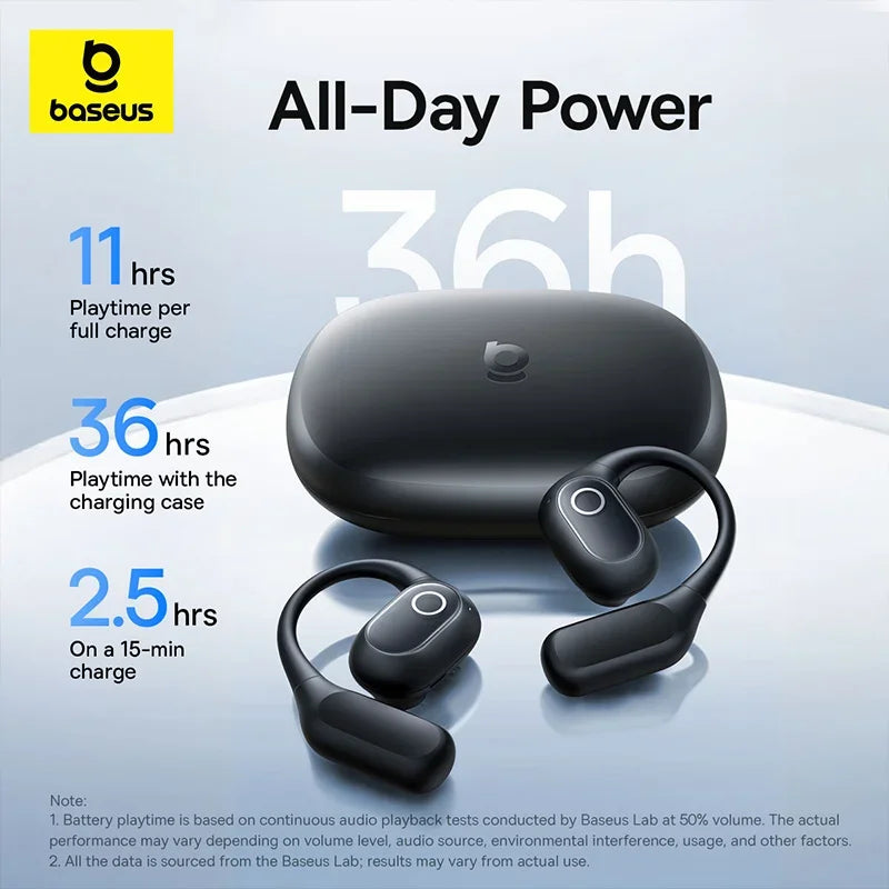 Black open-ear wireless earbuds with ear hooks and a sleek matching charging case on a light blue background.